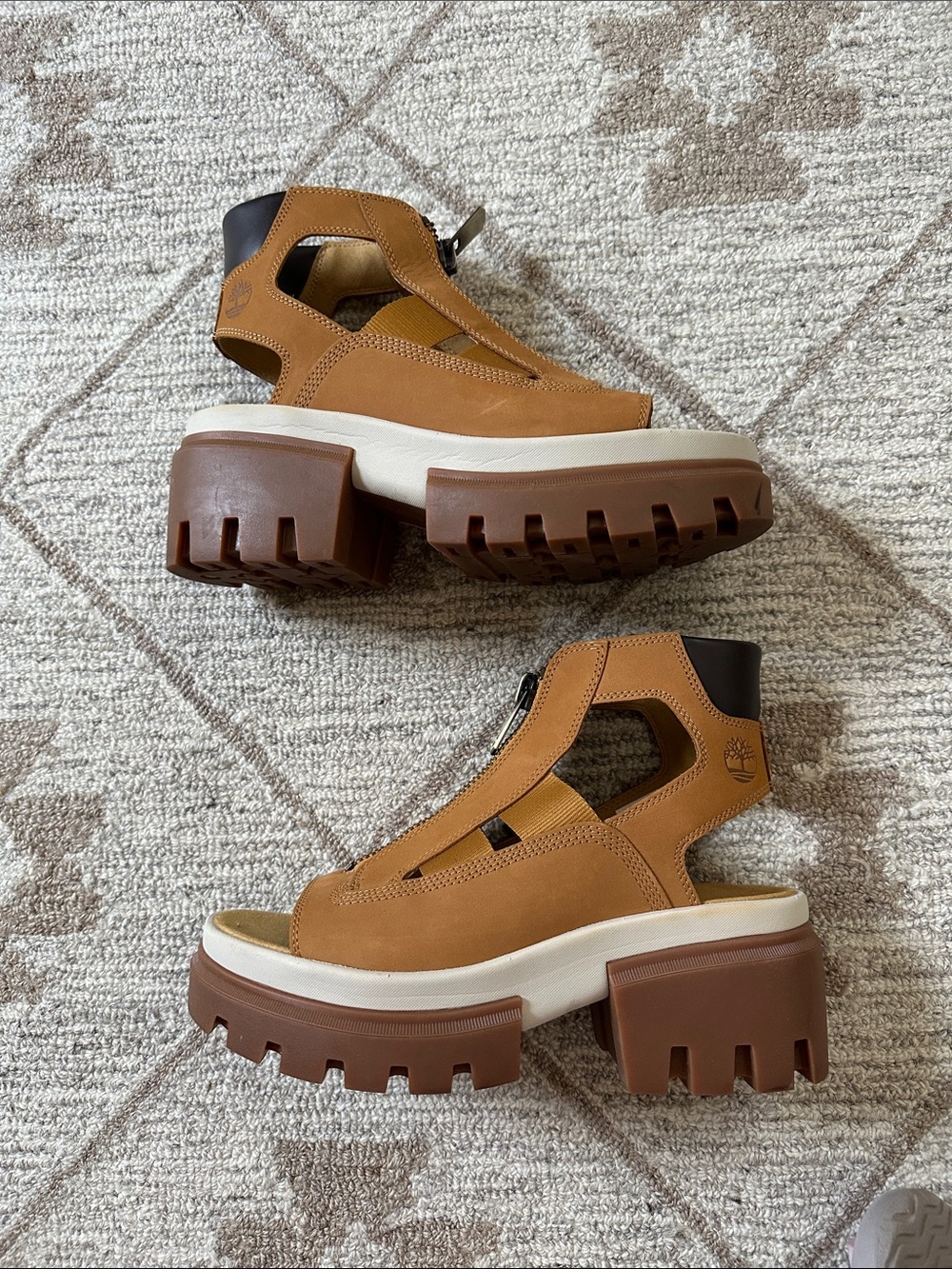 Timberland Women’s Tan Leather Front-Zip Platform Sandals